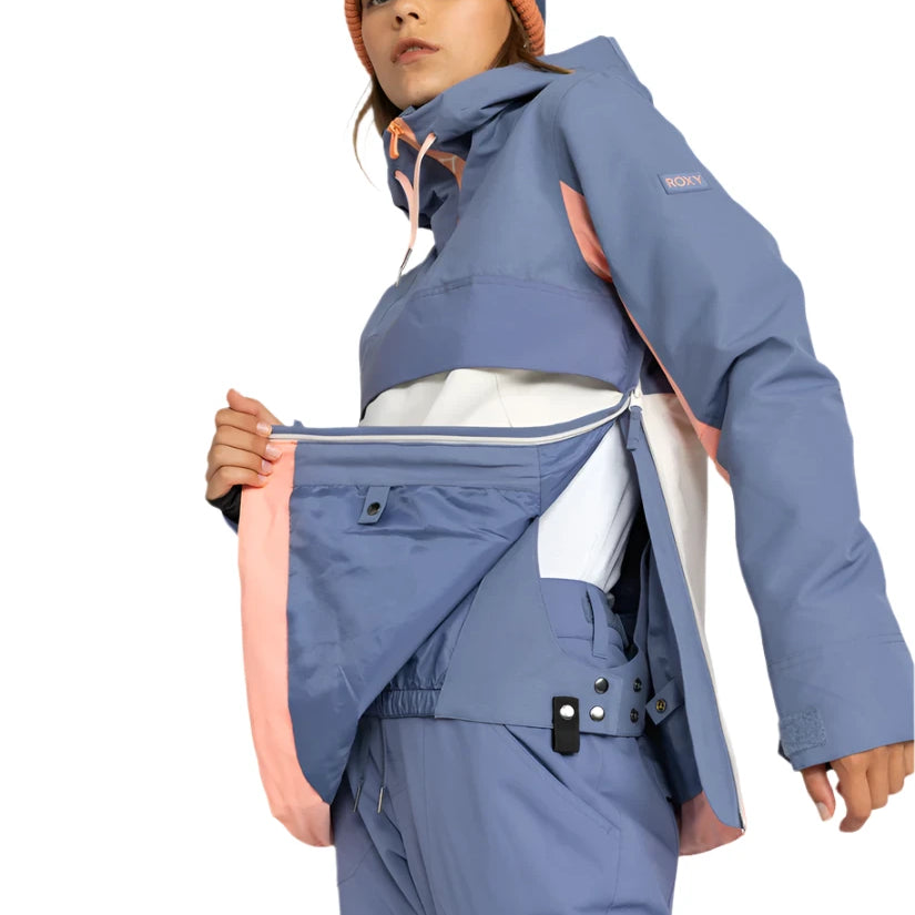 Roxy Women's Shelter Insulated Jacket 2025 - A blue and pink insulated jacket with a hood, worn by a model against a white background.