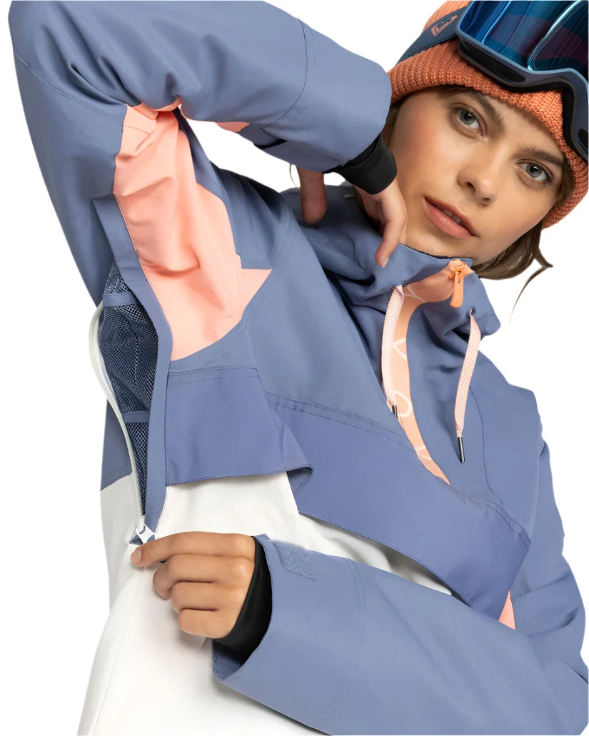 Roxy Women's Shelter Insulated Jacket - A blue jacket with a pink zipper and white drawstring on the hood.
