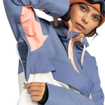 Roxy Women's Shelter Insulated Jacket - A blue jacket with a pink zipper and white drawstring on the hood.