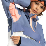 Roxy Women's Shelter Insulated Jacket - A blue jacket with a pink zipper and white drawstring on the hood.