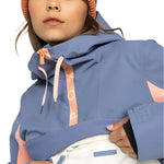 Roxy Women's Shelter Insulated Jacket 2025 - A blue and pink insulated jacket with a hood, featuring white geometric shapes on the front zipper.