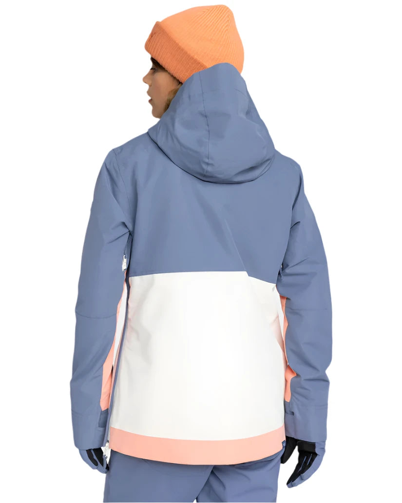 Roxy Women's Shelter Insulated Jacket 2025 - A blue and white jacket with a hood, worn by a model facing away from the camera.