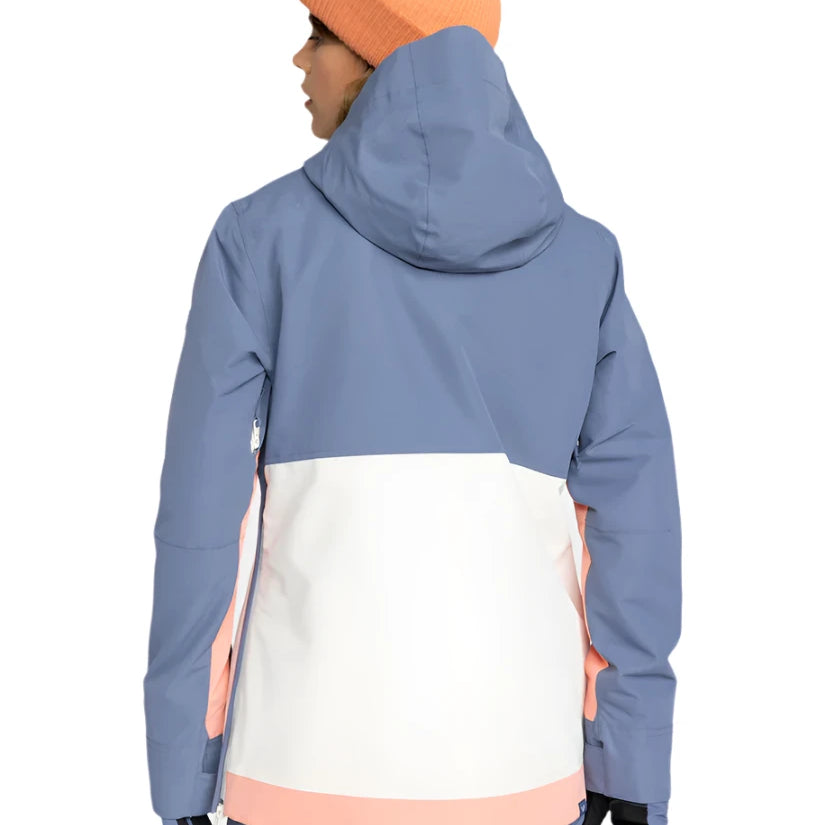 Roxy Women's Shelter Insulated Jacket 2025 - A blue and white jacket with a hood, worn by a model facing away from the camera.