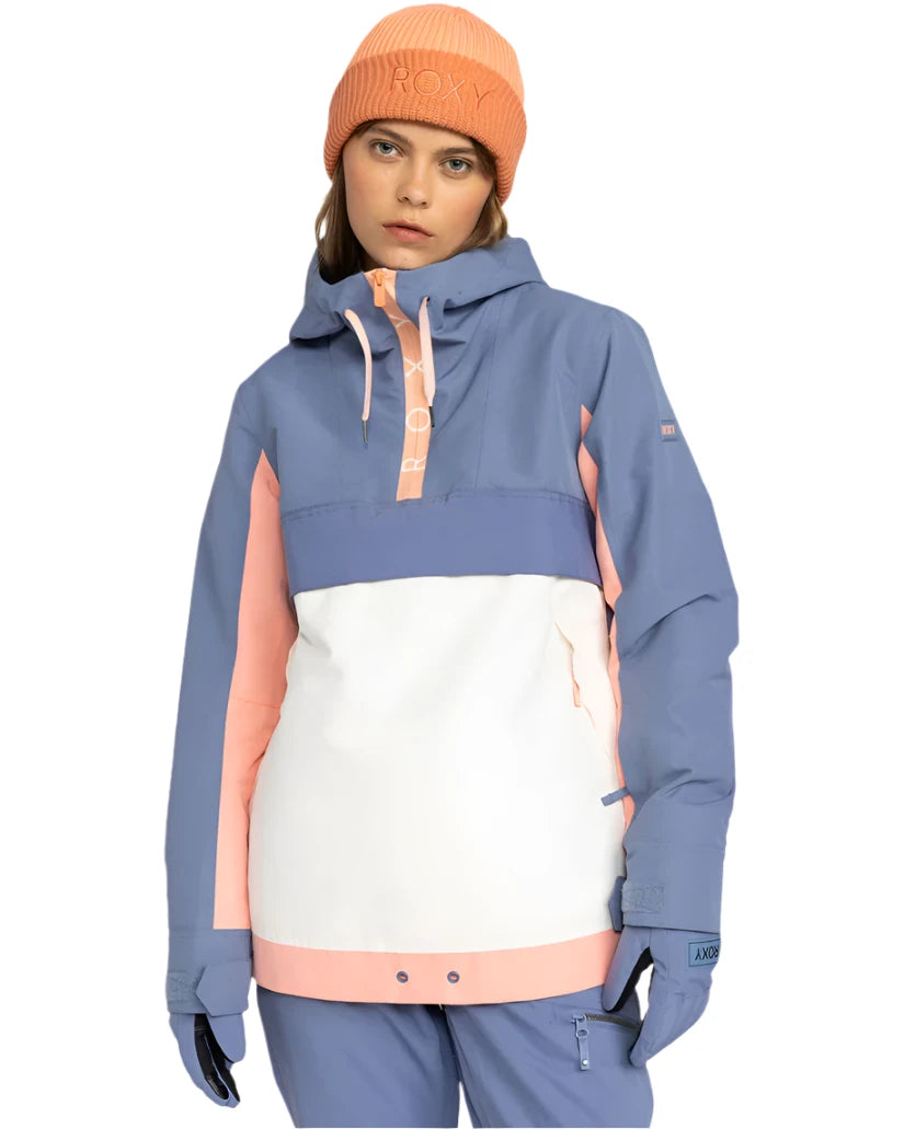 Roxy Women's Shelter Insulated Jacket 2025 - A blue and white insulated jacket with a hood, featuring a zipper closure and two zippered pockets on the front.
