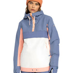 Roxy Women's Shelter Insulated Jacket 2025 - A blue and white insulated jacket with a hood, featuring a zipper closure and two zippered pockets on the front.