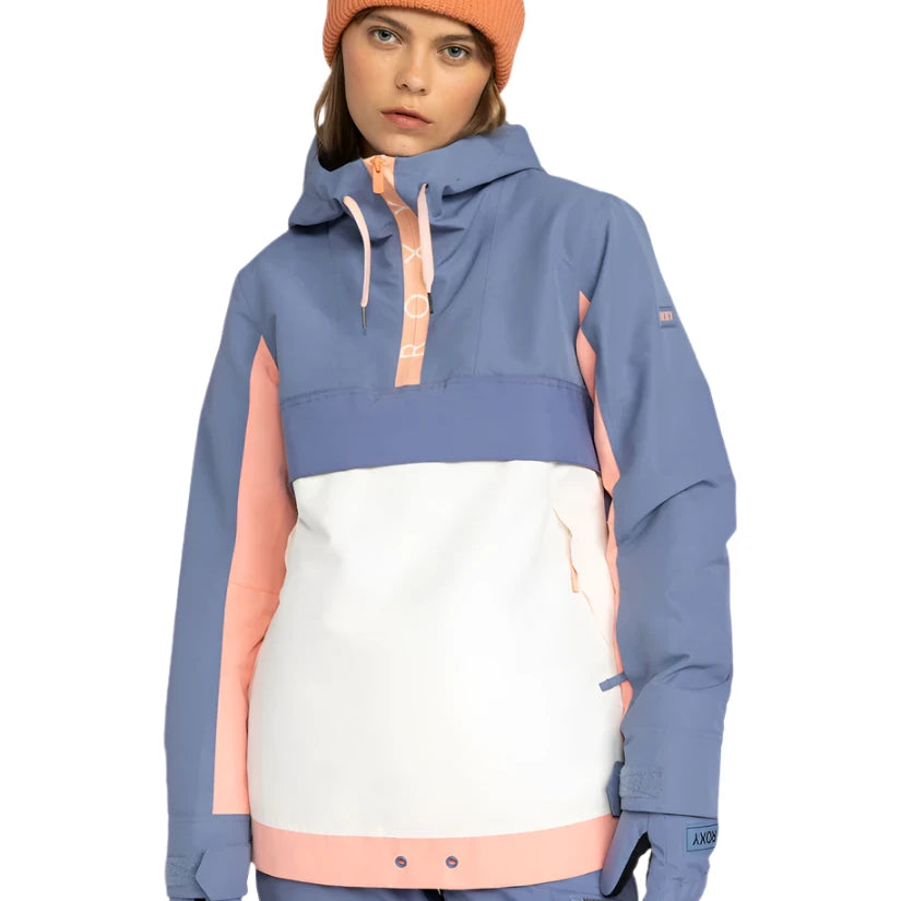 Roxy Women's Shelter Insulated Jacket 2025 - A blue and white insulated jacket with a hood, featuring a zipper closure and two zippered pockets on the front.