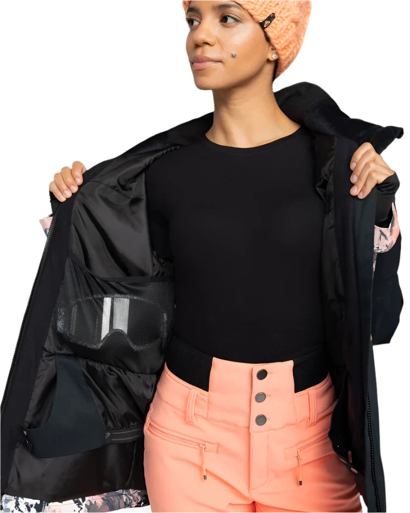 Roxy Women's Presence Insulated Parks Jacket 2025 - A black insulated jacket with a zippered chest pocket and two side pockets, featuring a hood and a snow skirt.