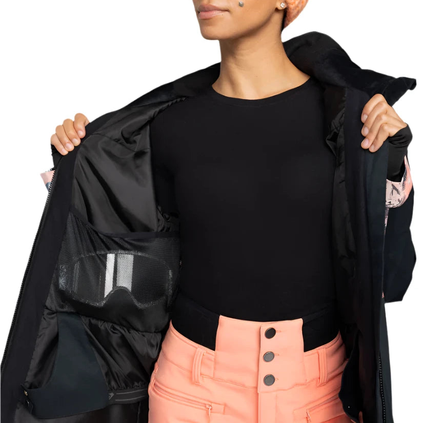 Roxy Women's Presence Insulated Parks Jacket 2025 - A black insulated jacket with a zippered chest pocket and two side pockets, featuring a hood and a snow skirt.