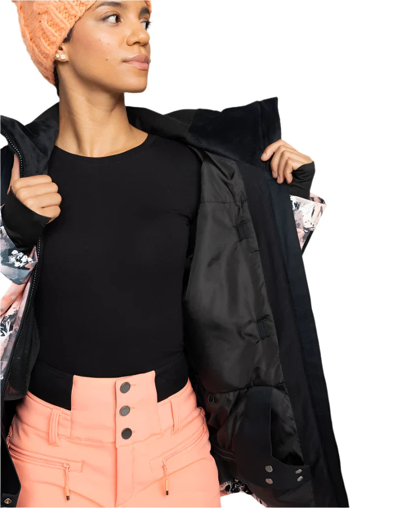 Roxy Women's Presence Insulated Parks Jacket 2025 - A black jacket with a white and pink floral pattern on the inside lining.