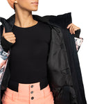 Roxy Women's Presence Insulated Parks Jacket 2025 - A black jacket with a white and pink floral pattern on the inside lining.