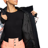 Roxy Women's Presence Insulated Parks Jacket 2025 - A black jacket with a white and pink floral pattern on the inside lining.