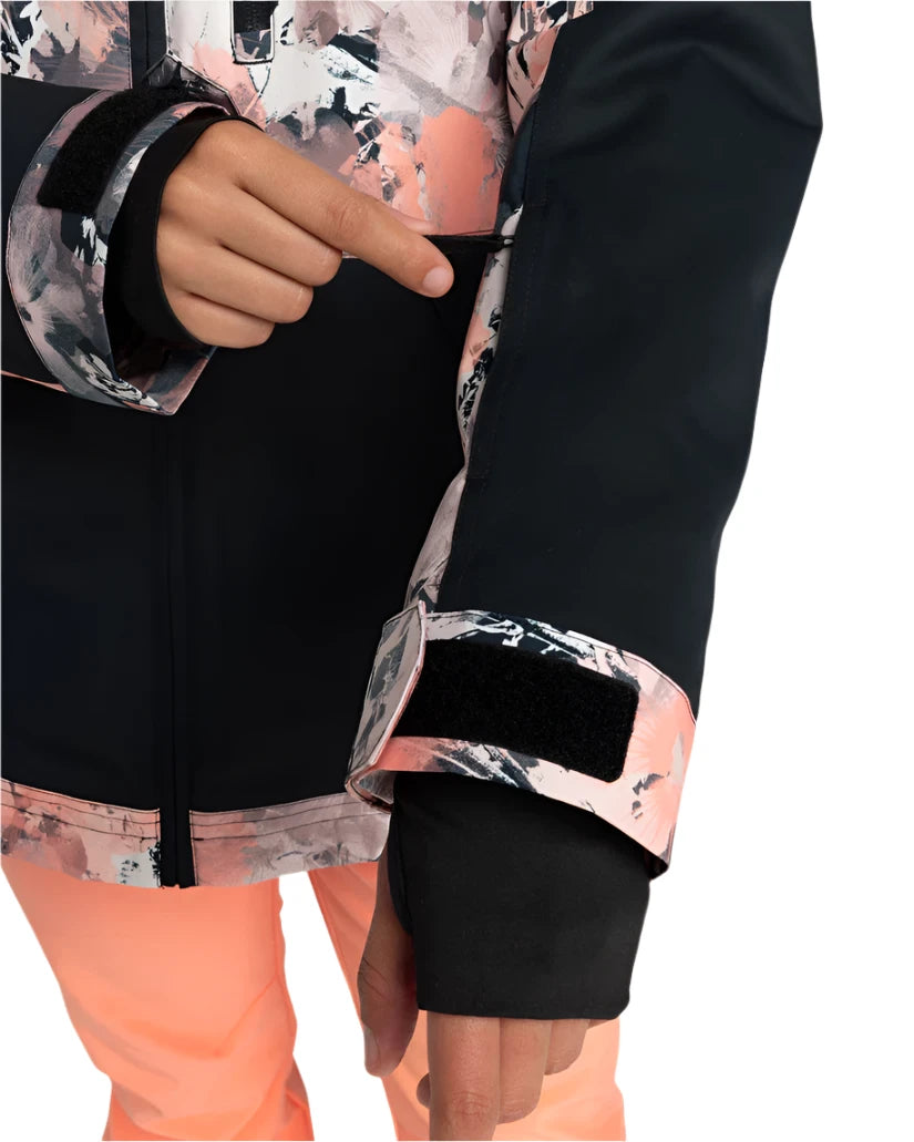 Roxy Women's Presence Insulated Parks Jacket 2025 - A black jacket with a pink and white abstract pattern on the upper back, sleeve cuffs, and lower hem.
