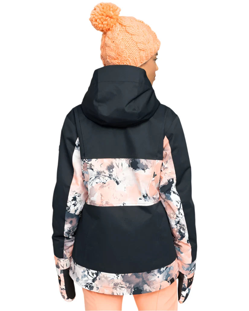 Roxy Women's Presence Insulated Parks Jacket 2025 - A black jacket with a large pink and white floral pattern on the back, sleeves, and bottom hem.