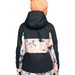 Roxy Women's Presence Insulated Parks Jacket 2025 - A black jacket with a large pink and white floral pattern on the back, sleeves, and bottom hem.