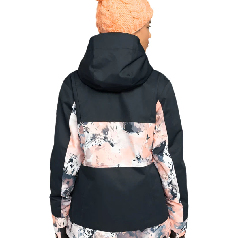 Roxy Women's Presence Insulated Parks Jacket 2025 - A black jacket with a large pink and white floral pattern on the back, sleeves, and bottom hem.
