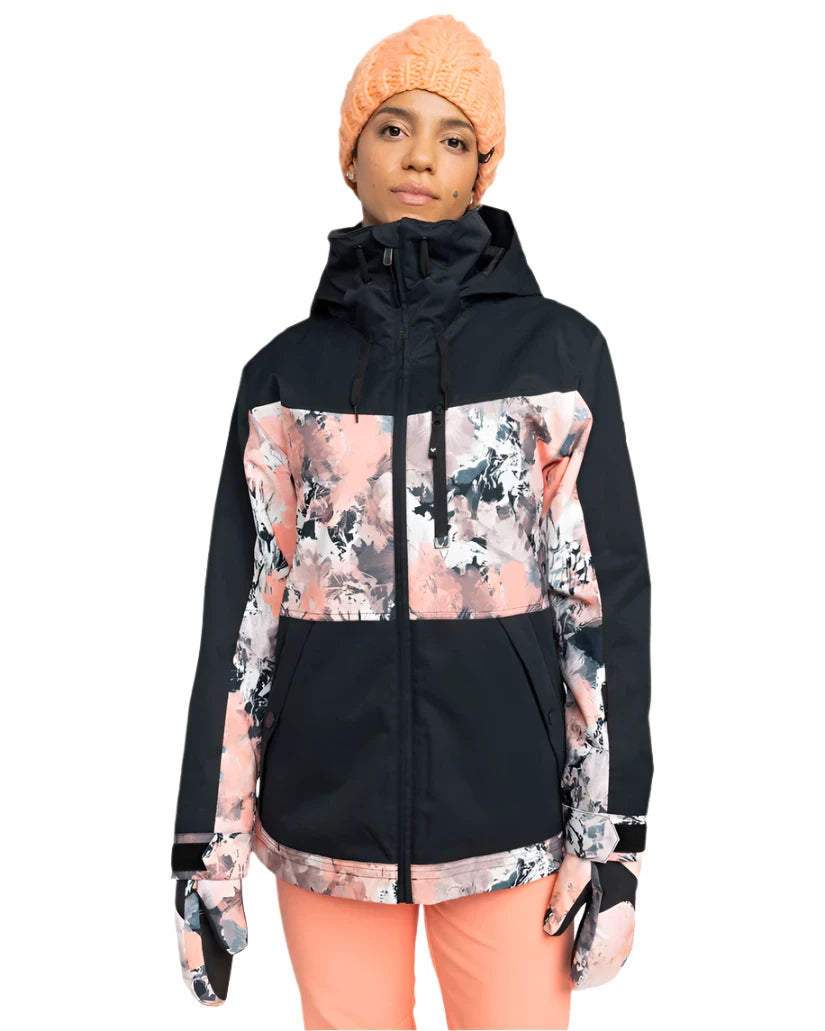 Roxy Women's Presence Insulated Parks Jacket 2025 - A black jacket with a pink and grey abstract pattern on the chest, sleeves, and hood.