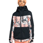 Roxy Women's Presence Insulated Parks Jacket 2025 - A black jacket with a pink and grey abstract pattern on the chest, sleeves, and hood.