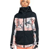 Roxy Women's Presence Insulated Parks Jacket 2025 - A black jacket with a pink and grey abstract pattern on the chest, sleeves, and hood.