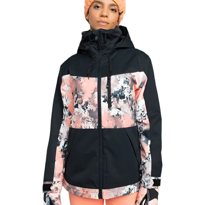 Roxy Women's Presence Insulated Parks Jacket 2025 - A black jacket with a pink and grey abstract pattern on the chest, sleeves, and hood.