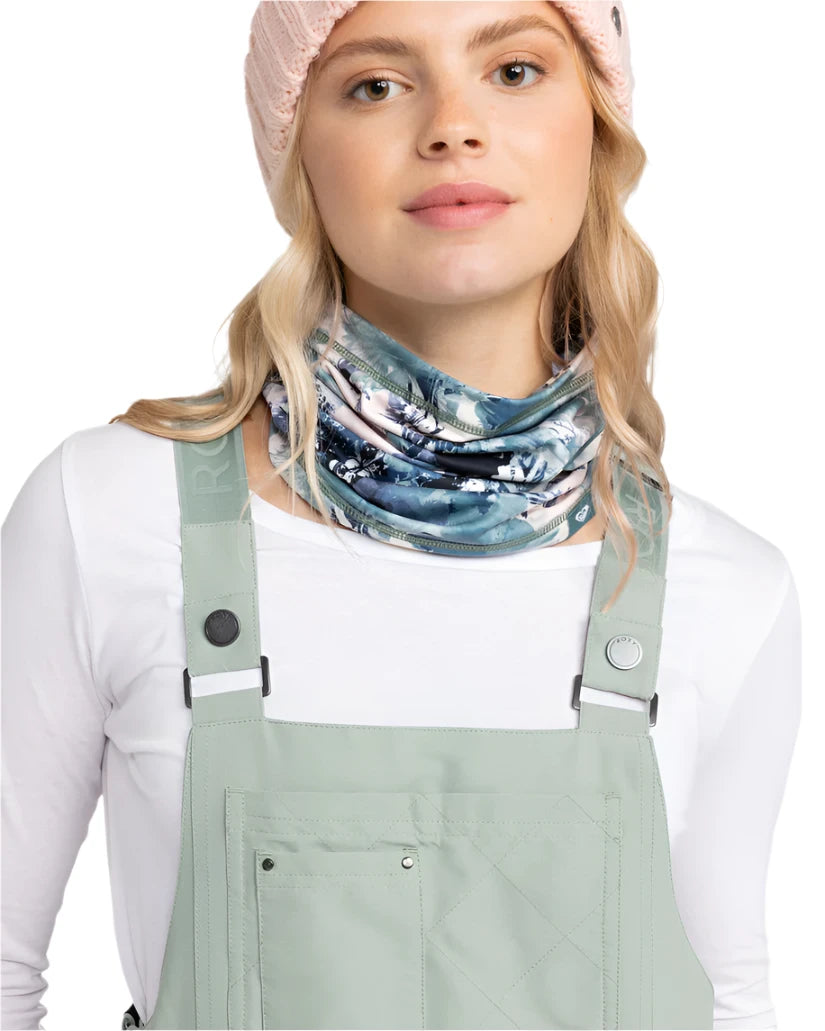 Roxy Women's Rideout Insulated Bib Pant 2025 - A pair of light blue snow pants with a subtle pattern and adjustable straps.