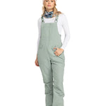 Roxy Women's Rideout Insulated Bib Pant 2025 - A pair of light gray snow pants with a subtle pattern and multiple pockets, featuring adjustable straps and a zippered fly.