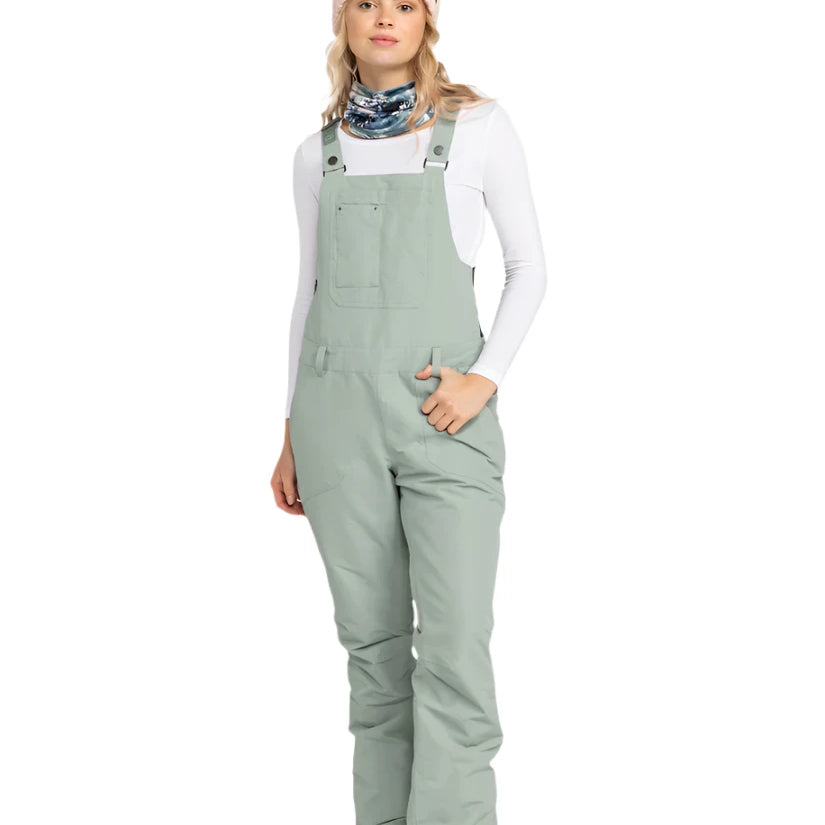 Roxy Women's Rideout Insulated Bib Pant 2025 - A pair of light gray snow pants with a subtle pattern and multiple pockets, featuring adjustable straps and a zippered fly.