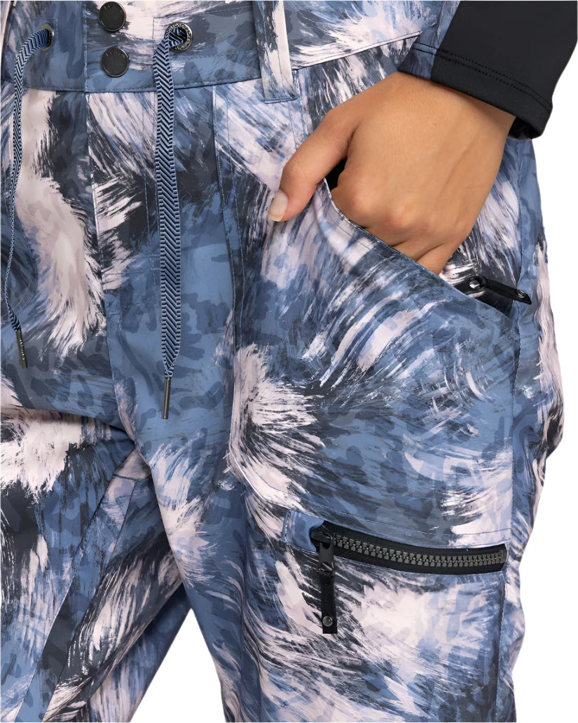 Roxy Women's Nadia Print Insulated Pant 2025 - A blue and white abstract print pant with a black drawstring on the waistband.