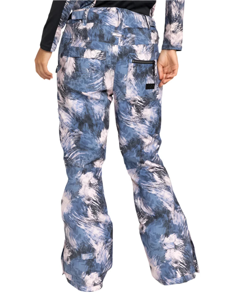 Roxy Women's Nadia Print Insulated Pant 2025 - A pair of women's snow pants with a blue and white abstract print design.