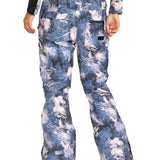 Roxy Women's Nadia Print Insulated Pant 2025 - A pair of women's snow pants with a blue and white abstract print design.