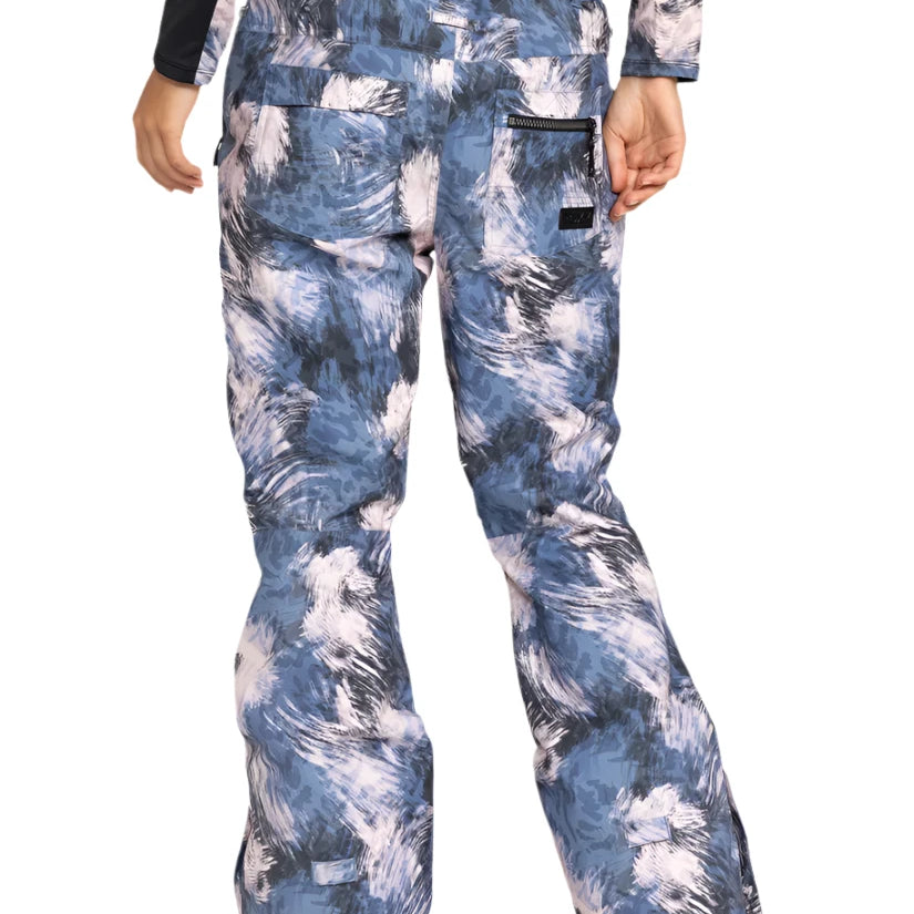 Roxy Women's Nadia Print Insulated Pant 2025 - A pair of women's snow pants with a blue and white abstract print design.