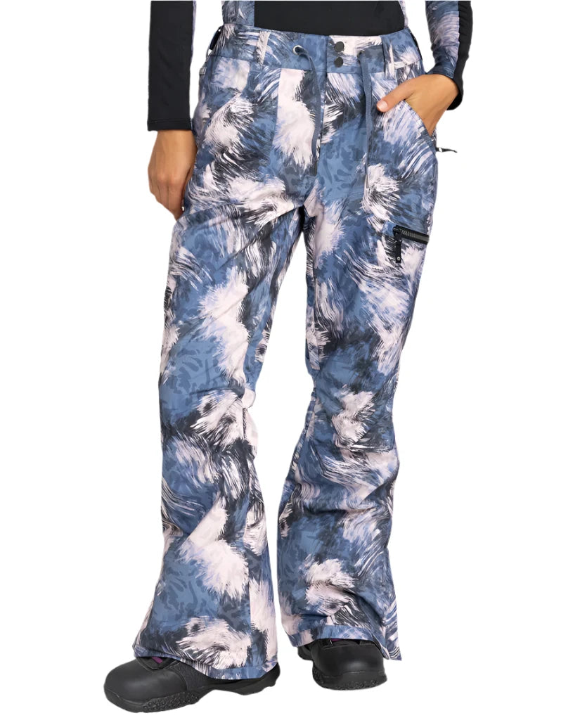 Roxy Women's Nadia Print Insulated Pant 2025 - A pair of blue and white snow pants with a palm tree print design.