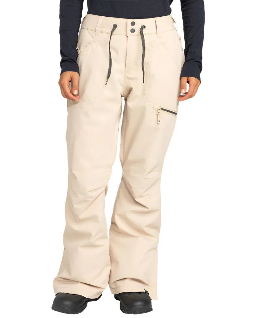 Roxy Women's Nadia Insulated Pant 2025 - Beige snow pants with zippered pockets and a black drawstring at the waist.