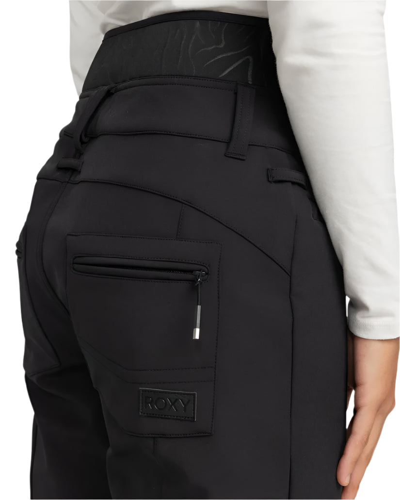 Roxy Women's Rising High Pant Short 2025 - Black snow pants with a zippered pocket on the back.