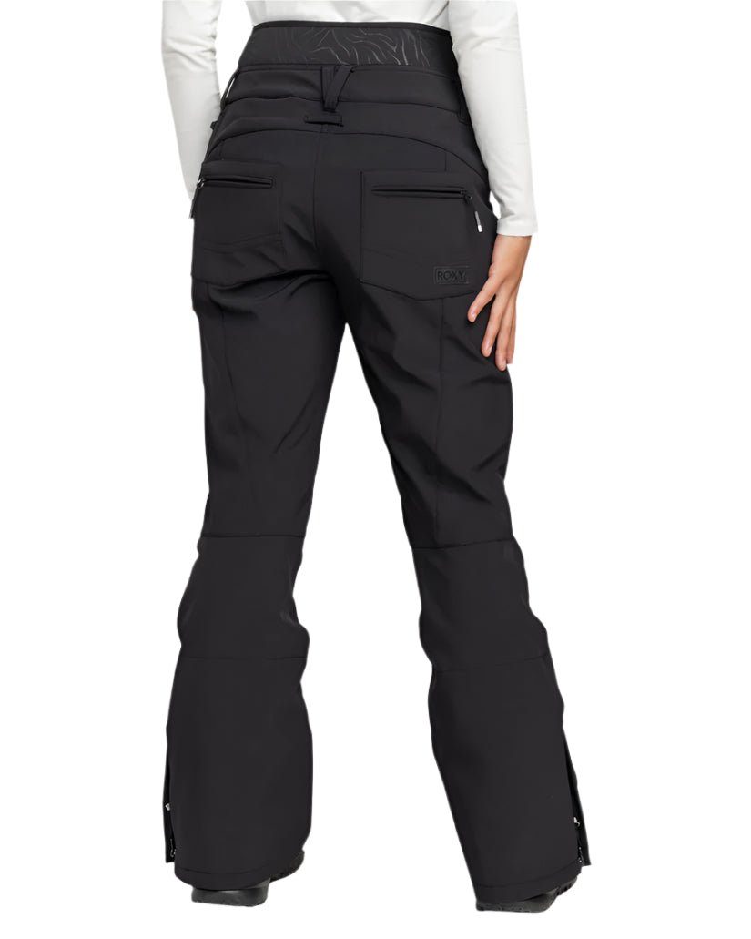 Roxy Women's Rising High Pant Short 2025 - Black snow pants with zippered pockets and a black waistband.