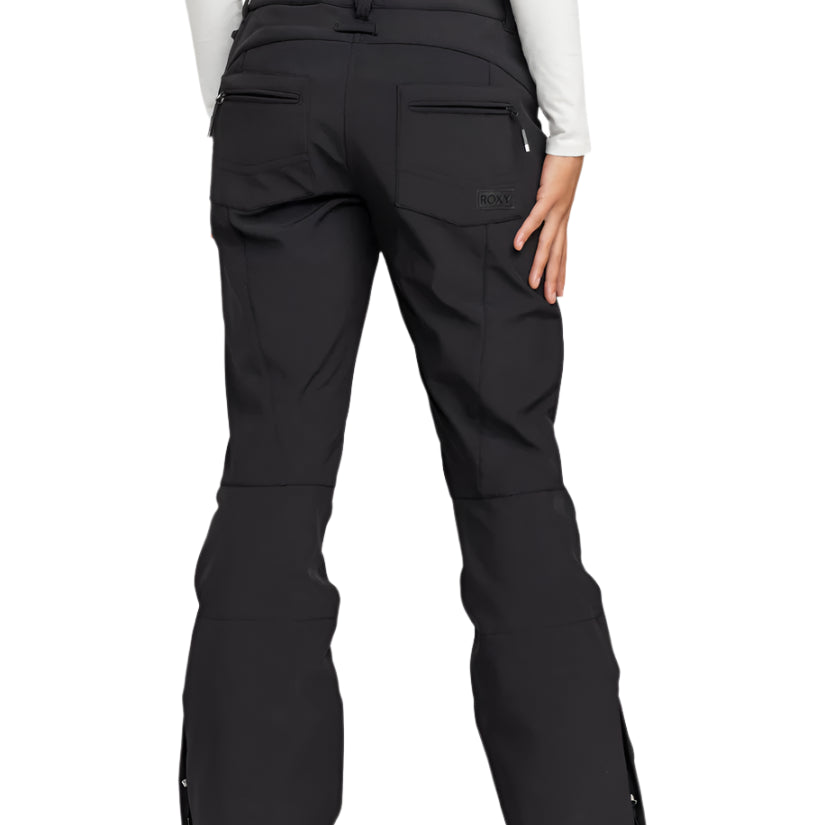 Roxy Women's Rising High Pant Short 2025 - Black snow pants with zippered pockets and a black waistband.