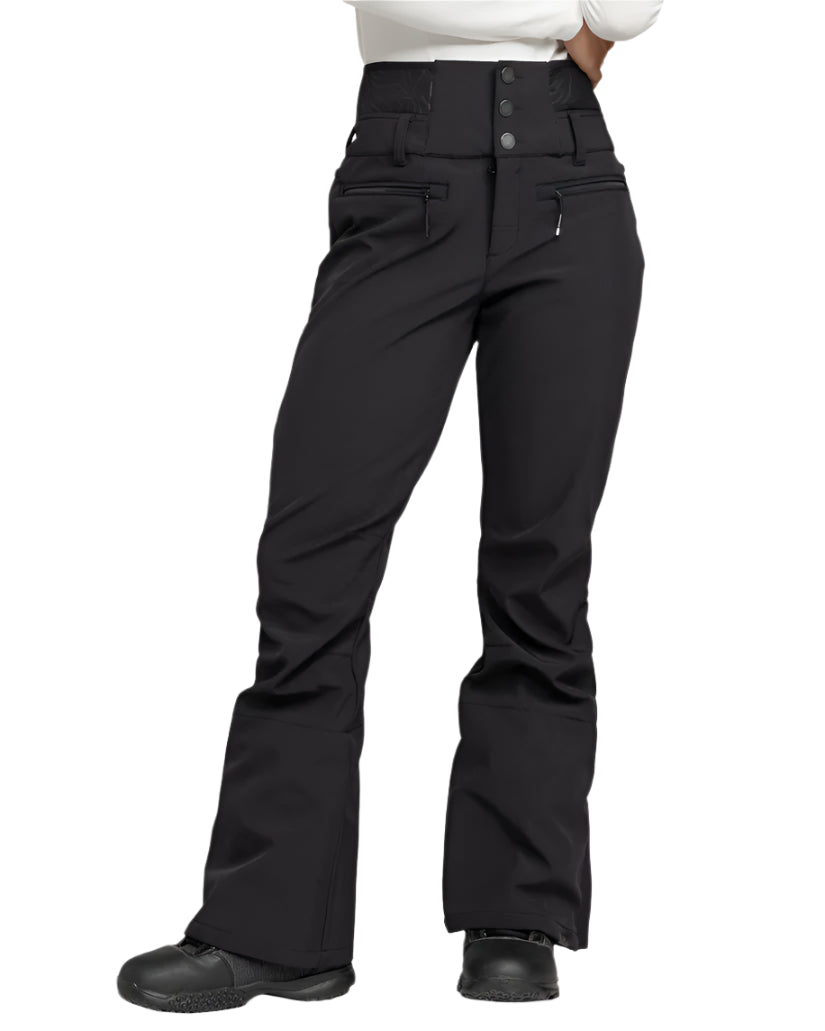 Roxy Women's Rising High Pant Short 2025 - Black snow pants with zippered pockets and adjustable waistband.