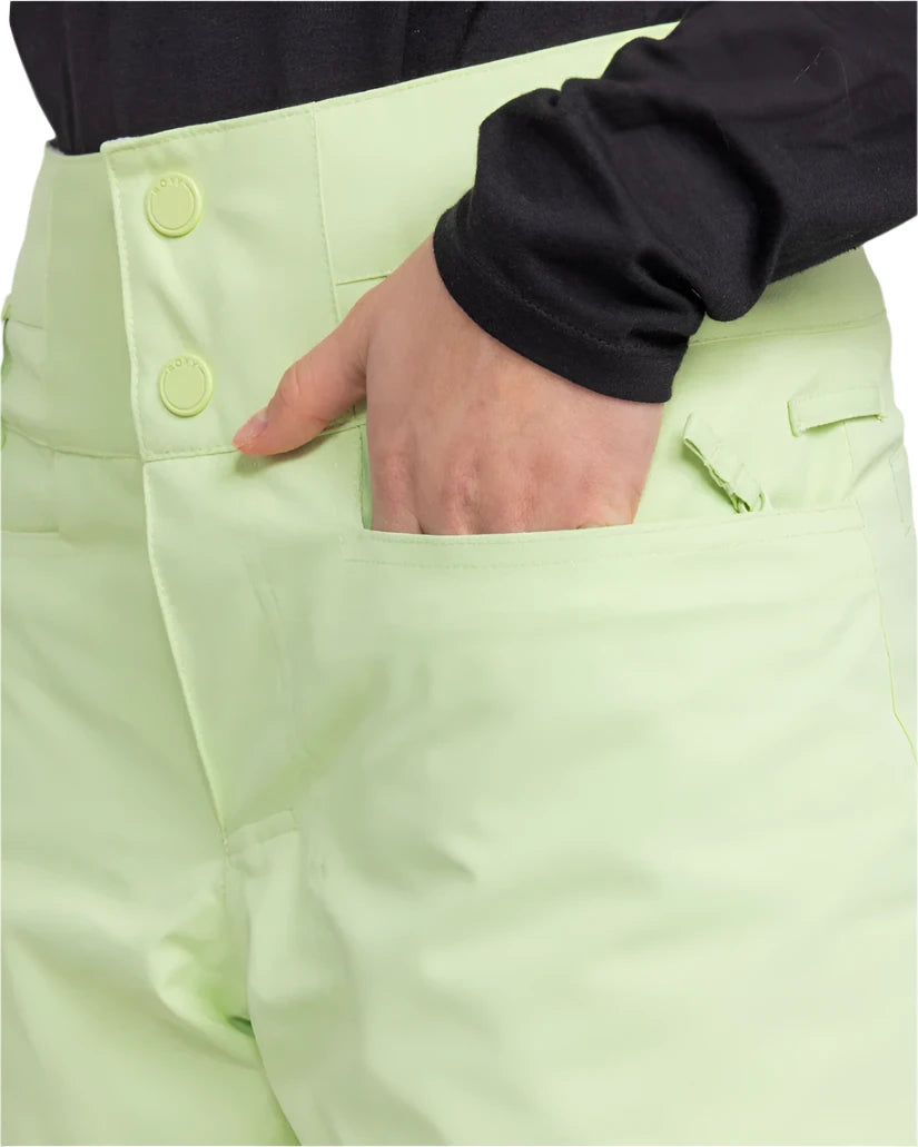 Roxy Women's Diversion Insulated Pant 2025 - A pair of light green snow pants with a button fly and two buttons on the waistband.