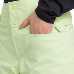 Roxy Women's Diversion Insulated Pant 2025 - A pair of light green snow pants with a button fly and two buttons on the waistband.