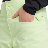 Roxy Women's Diversion Insulated Pant 2025 - A pair of light green snow pants with a button fly and two buttons on the waistband.
