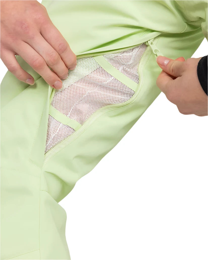 Roxy Women's Diversion Insulated Pant 2025 - A pair of light green snow pants with a mesh lining visible through the fabric on the left thigh.