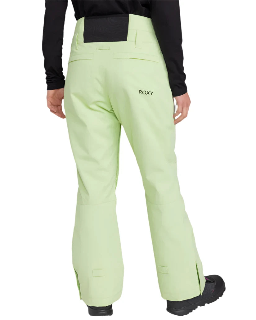 Roxy Women's Diversion Insulated Pant 2025 - A pair of light green snow pants with a black waistband and belt loops.