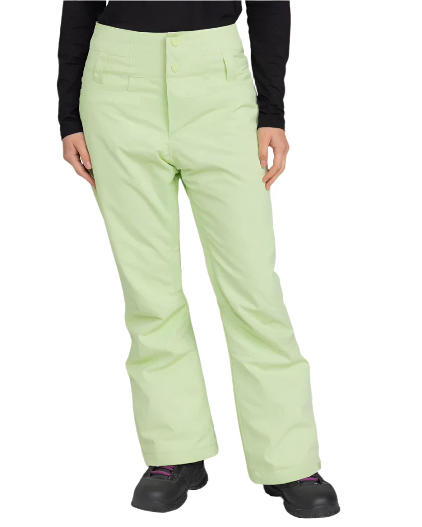 Roxy Women's Diversion Insulated Pant 2025 - A pair of light green snow pants with a subtle pattern on the left thigh and two zippered pockets at the back.