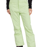 Roxy Women's Diversion Insulated Pant 2025 - A pair of light green snow pants with a subtle pattern on the left thigh and two zippered pockets at the back.