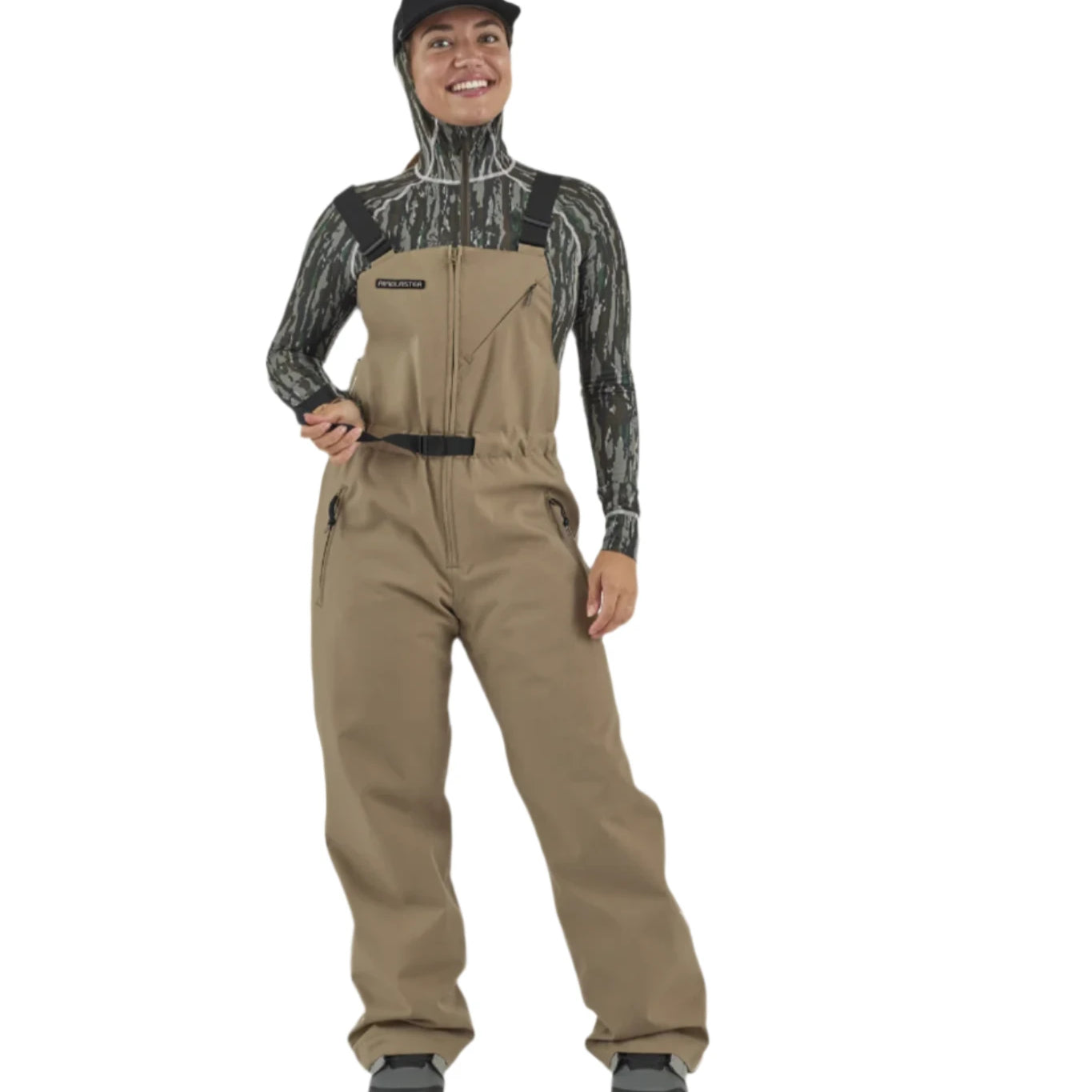 Airblaster Women's Every Body Insulated Bib 2025 - Black bib with white snowflake pattern and black zipper on front.