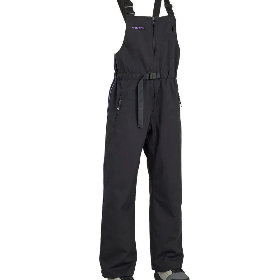 Airblaster Women's Every Body Insulated Bib 2025 - Black bib pants with a subtle white stripe down the side, featuring adjustable straps and zippered pockets.