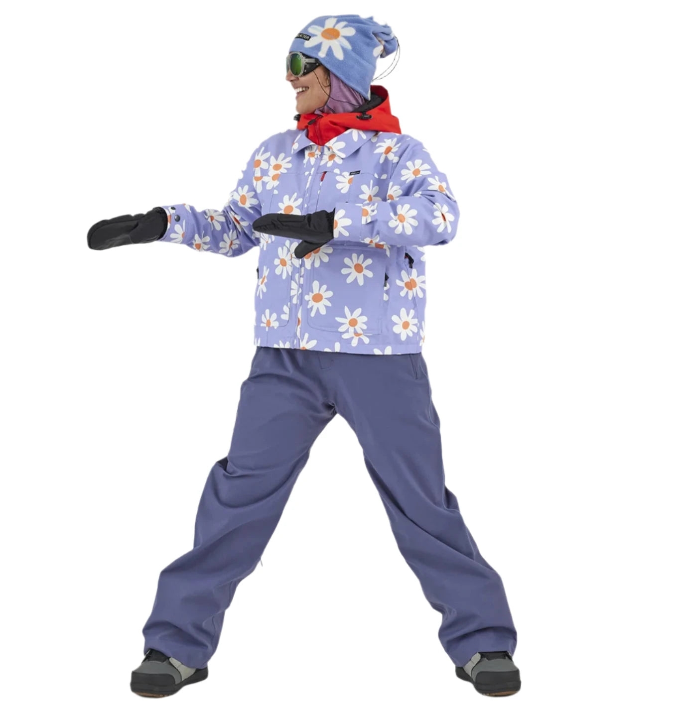 Airblaster Women's Every Body Shell Pant 2025 - A light blue snow pant with a white daisy pattern and orange centers.
