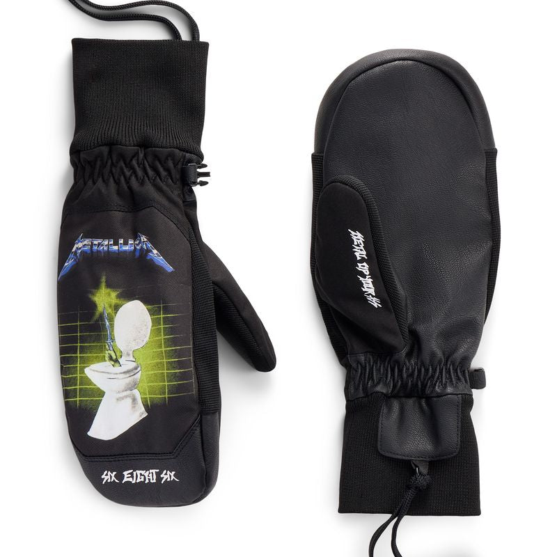 Black insulated ski mitts with blue-green graphic and adjustable wrist cinch