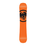 Never Summer Easy Rider Snowboard 2025 - A snowboard with a black eagle logo on an orange background.