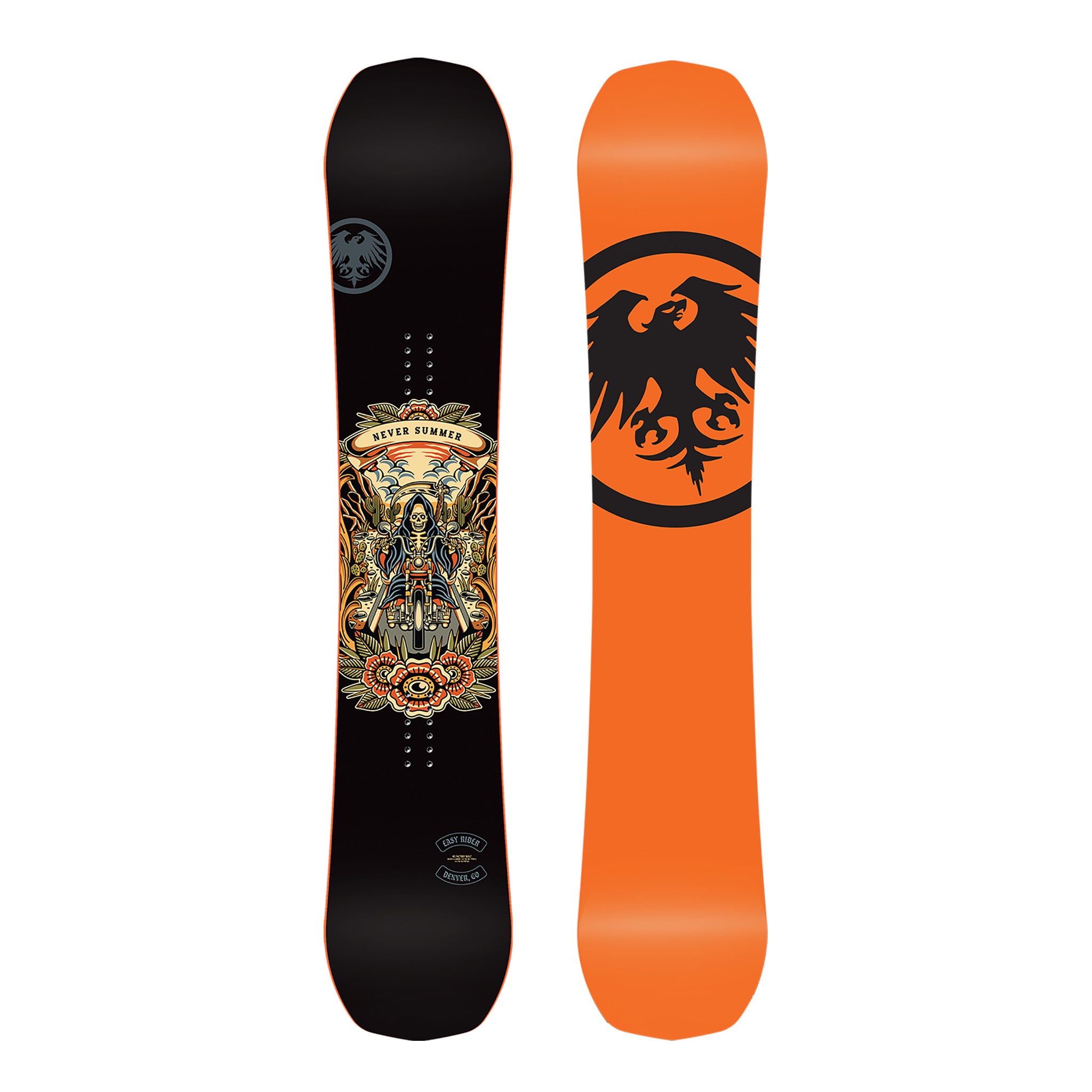 Never Summer Easy Rider Snowboard - A black snowboard with a skeleton riding a motorcycle in front of a sunset, surrounded by flowers and leaves.