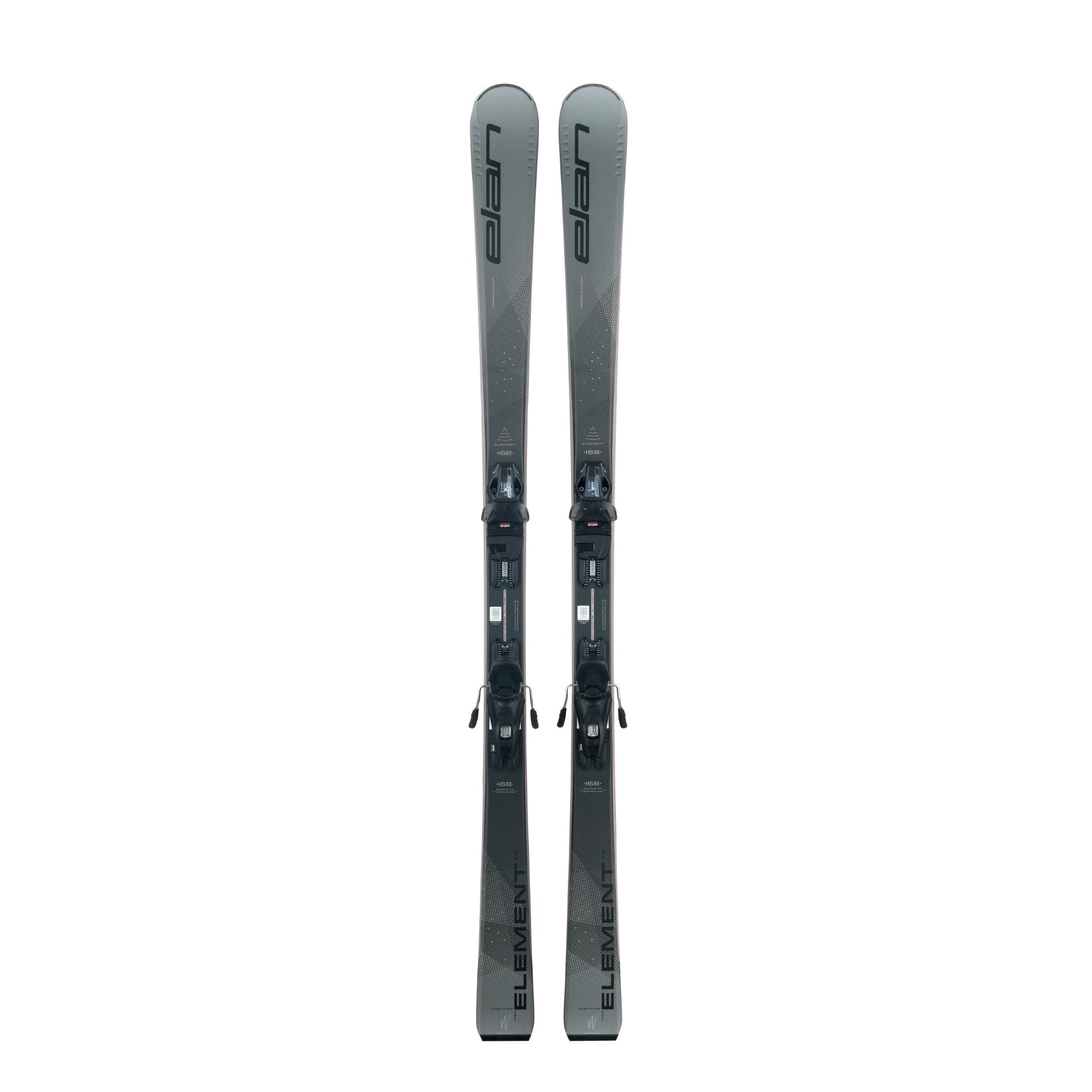 Elan Women's Element 74 Skis with EL 9.0 Bindings - Black skis with gray bindings and a black logo on top.